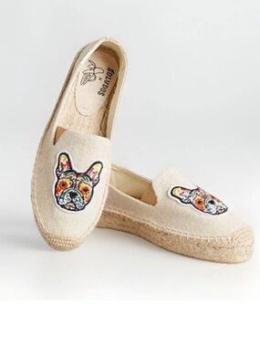 Soludos Natural Canvas Espadrilles Frenchie Colorful French Bulldog women 7 NWOT